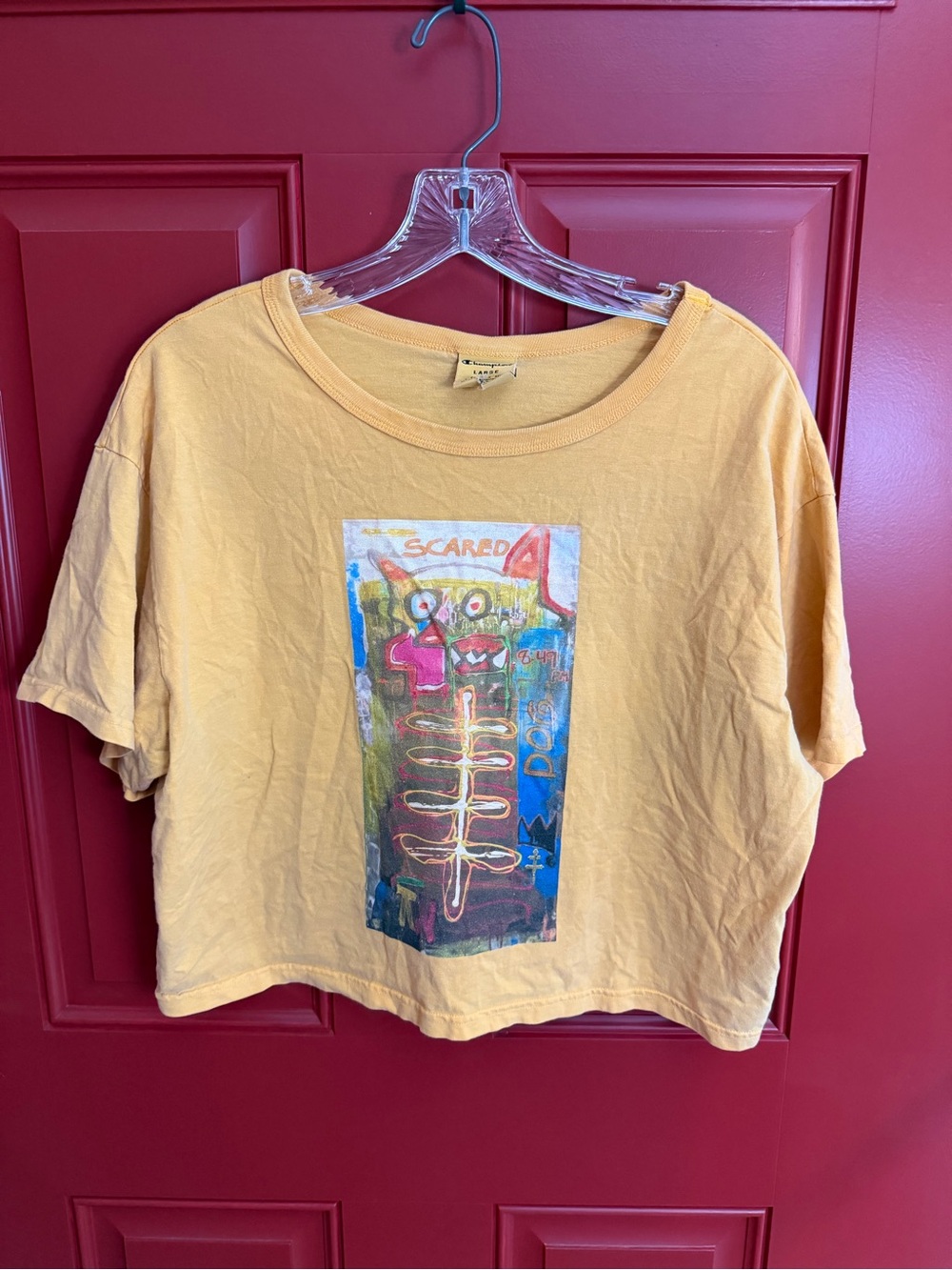 Champion Jean-Michel Basquiat Colab Graphic Yellow Cropped Tee with Scared art